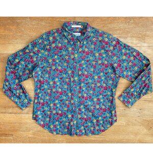 Vintage Floral Print Blouse Size Large/XL 70s Cotton/Polysonic Button Down Shirt